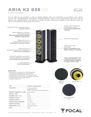 Product information | Focal Aria 936 K2 Ash Grey x1 Enceinte colonne Product fiche | Fixfr
