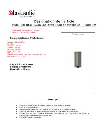 Product information | Brabantia à pédale NewIcon 30L Platinium Poubelle manuelle Product fiche | Fixfr