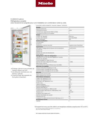 Product information | Miele K28202DEDT/CS Réfrigérateur 1 porte Product fiche | Fixfr