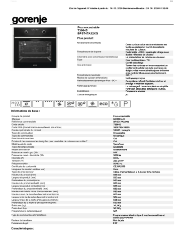 Product information | Gorenje BPS747A32XG Four encastrable Manuel utilisateur | Fixfr