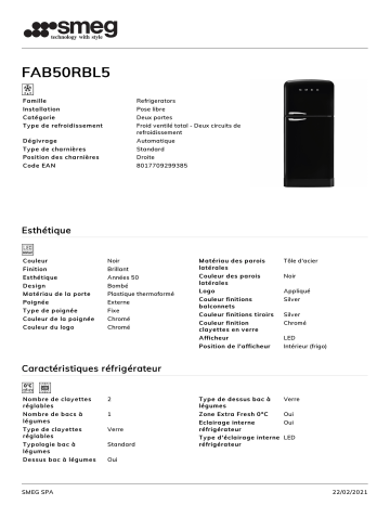 Product information | Smeg FAB50RBL5 Réfrigérateur combiné Product fiche | Fixfr
