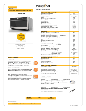 Product information | Whirlpool MWP3391SX Suprem Chef Micro ondes combiné Product fiche | Fixfr