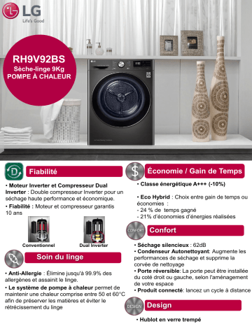 Product information | LG RH9V92BS DUAL Inverter Heat Pump Sèche linge pompe à chaleur Product fiche | Fixfr