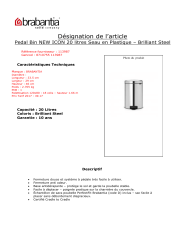 Product information | Brabantia pédale NewIcon 20L BrilliantSteel Silent Poubelle manuelle Product fiche | Fixfr