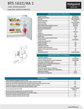Product information | Hotpoint BTS1622/HA 1 Réfrigérateur intégrable sous plan Product fiche | Fixfr