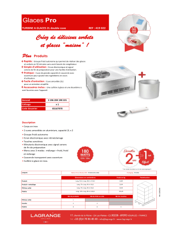 Product information | Lagrange Glaces Pro 2L double cuve 419022 Turbine à glace Product fiche | Fixfr