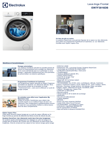 Product information | Electrolux EW7F3816DB/ Lave linge hublot Product fiche | Fixfr