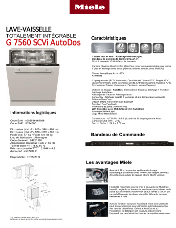 Product information | Miele G 7560 SCVi AutoDos Lave vaisselle tout intégrable Product fiche | Fixfr