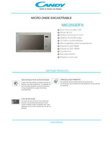 Product information | Candy MIC25GDFX Micro ondes encastrable Product fiche | Fixfr