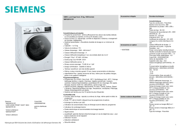 Product information | Siemens WM16XFH1FF Lave linge connecté Product fiche | Fixfr