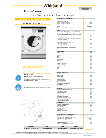 Product information | Whirlpool BIWDWG751482EUN Lave linge séchant hublot encastrable Product fiche | Fixfr