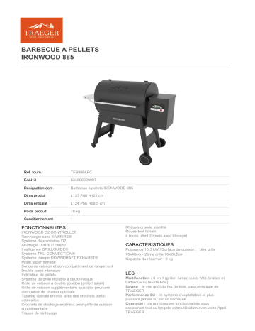Product information | Traeger IRONWOOD 885 Barbecue à pellet Product fiche | Fixfr