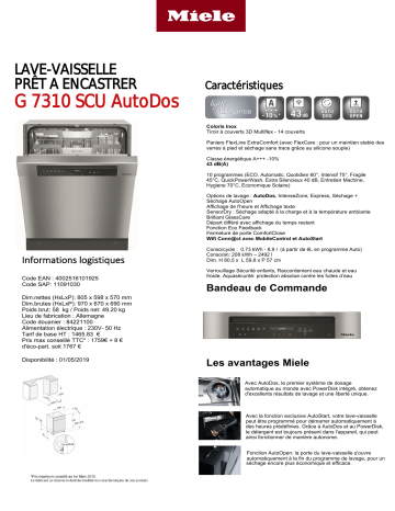 Product information | Miele G 7310 SCU AutoDos Lave vaisselle encastrable Product fiche | Fixfr