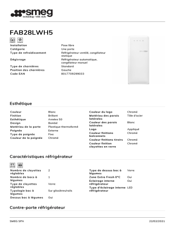 Product information | Smeg FAB28LWH5 Réfrigérateur 1 porte Product fiche | Fixfr