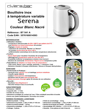 Product information | Riviera Et Bar BT541A Serena blanc nacré Bouilloire à température réglable Product fiche | Fixfr