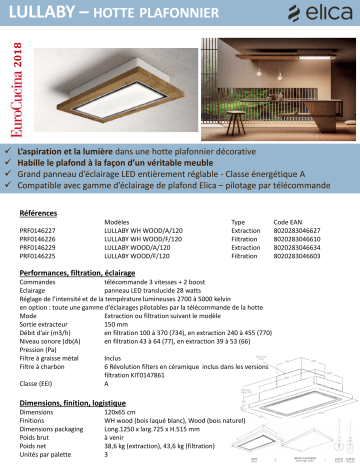 Product information | Elica LULLABY WH WOOD/F/120 Hotte plafond Product fiche | Fixfr