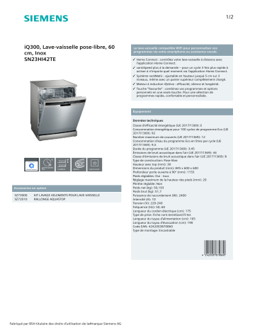 Product information | Siemens SN23HI42TE IQ300 Lave vaisselle 60 cm Product fiche | Fixfr