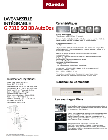 Product information | Miele G 7310 SCi BB AutoDos Lave vaisselle encastrable Product fiche | Fixfr