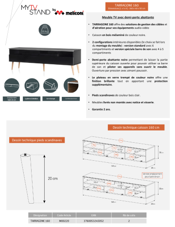 Product information | Meliconi Tarragone 160 cm noir Meuble TV Product fiche | Fixfr