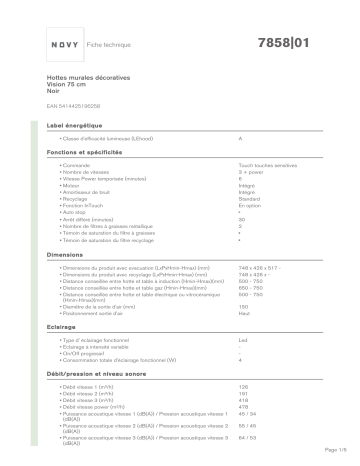 Product information | Novy VISION 7858 Recyclage Hotte décorative murale Product fiche | Fixfr