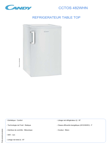 Product information | Candy CCTOS 482WHN Réfrigérateur intégrable sous plan Product fiche | Fixfr