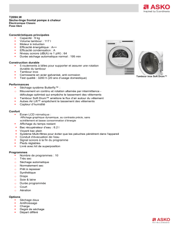 Product information | Asko T209H.W Sèche linge pompe à chaleur Product fiche | Fixfr