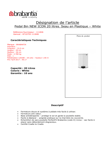Product information | Brabantia Newlcon 20L White A pedale Poubelle manuelle Product fiche | Fixfr
