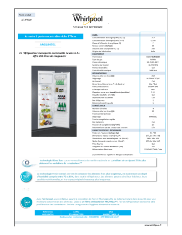 Product information | Whirlpool ARG184701 Réfrigérateur 1 porte encastrable Product fiche | Fixfr