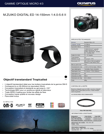 Product information | Olympus 14-150mm f/4.0-5.6 II noir M.Zuiko Objectif pour Hybride Product fiche | Fixfr