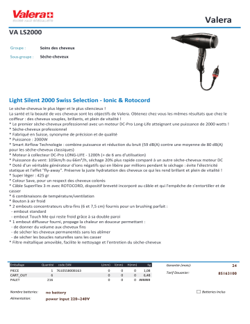 Product information | Valera Light Silence VA LS2000 Sèche cheveux Product fiche | Fixfr