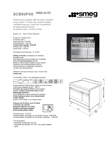 Product information | Smeg SCB92PX8 Piano de cuisson mixte Product fiche | Fixfr