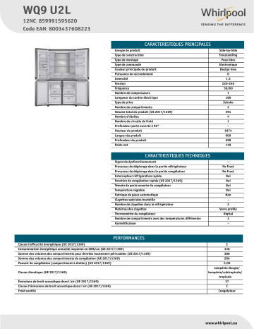 Product information | Whirlpool WQ9U2L Réfrigérateur multi portes Product fiche | Fixfr