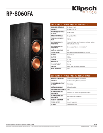 Product information | Klipsch RP-8060 FA Dolby Atmos Walnut Vinyl x1 Enceinte colonne Manuel utilisateur | Fixfr