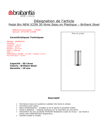 Product information | Brabantia pédale NewIcon 30L BrilliantSteel Silent Poubelle manuelle Product fiche | Fixfr