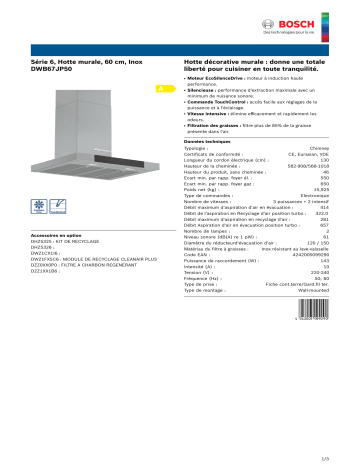 Product information | Bosch DWB67JP50 Serie 6 Hotte décorative murale Product fiche | Fixfr