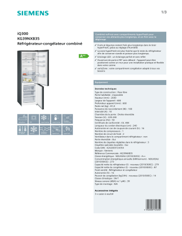 Product information | Siemens KG39NXB35 HYPERFRESH Réfrigérateur combiné Product fiche | Fixfr