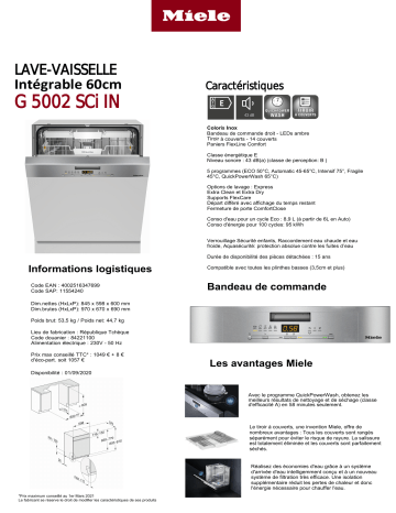 Product information | Miele G 5002 SCi IN Lave vaisselle encastrable Product fiche | Fixfr