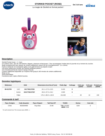 Product information | Vtech StoriKid Pocket Rose Jeu éducatif Product fiche | Fixfr