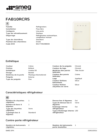 Product information | Smeg FAB10RCR5 Réfrigérateur 1 porte Product fiche | Fixfr