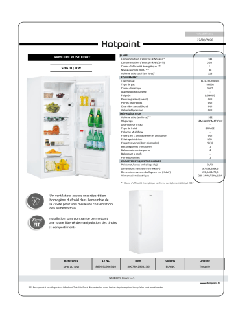 Product information | Hotpoint SH61QRW Réfrigérateur 1 porte Product fiche | Fixfr