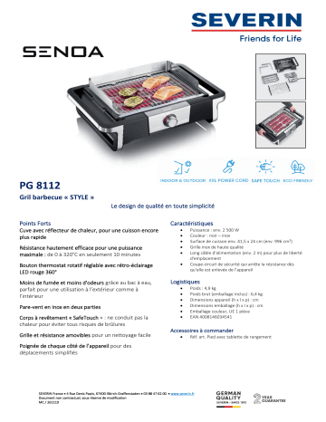 Product information | Severin PG 8112 STYLE Barbecue électrique Product fiche | Fixfr