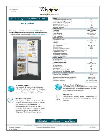 Product information | Whirlpool ART9620/A+/NF Réfrigérateur combiné encastrable Product fiche | Fixfr