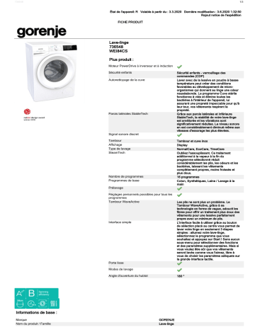 Product information | Gorenje WEI84CS Lave linge hublot Product fiche | Fixfr