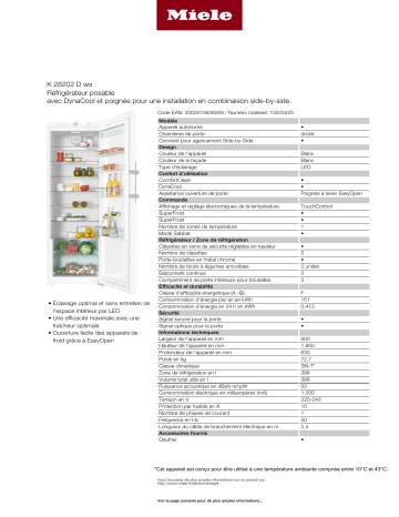 Product information | Miele K28202DWS Réfrigérateur 1 porte Product fiche | Fixfr