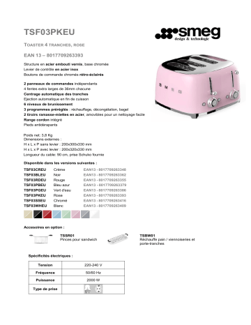 Product information | Smeg TSF02PKEU Rose Grille-pain Product fiche | Fixfr