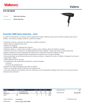 Product information | Valera ESSENTIAL HE1818 Sèche cheveux Product fiche | Fixfr