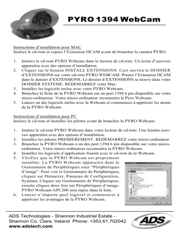 Manuel du propriétaire | ADS Tech PYRO 1394 WEBCAM Manuel utilisateur | Fixfr