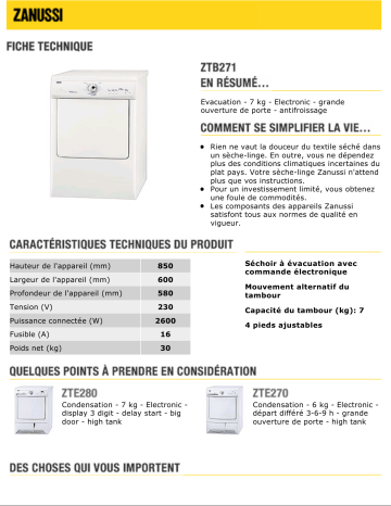 Manuel du propriétaire | Zanussi ZTB271 Manuel utilisateur | Fixfr