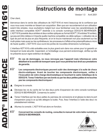 Manuel du propriétaire | Behringer ADT1616 Manuel utilisateur | Fixfr