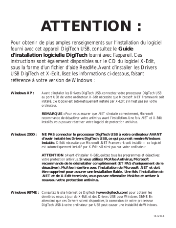 Manuel du propriétaire | DigiTech USB INSTALL WARNING Manuel utilisateur | Fixfr